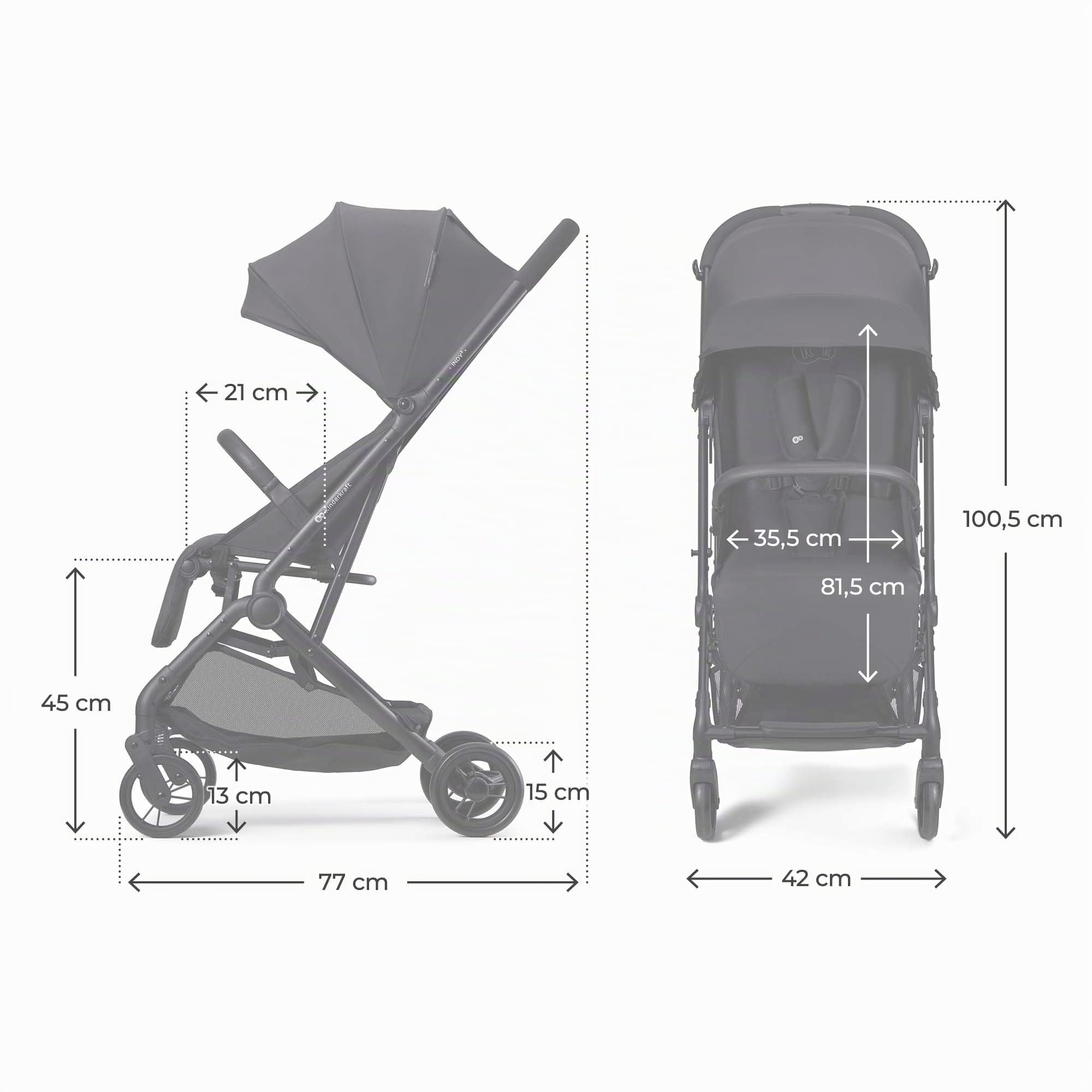 Kinderkraft INDY 3 Passeggino Leggero e Compatto, Chiusura con una Mano, Ultraleggero 7,3 kg, Reclinabile, Cinghia per Trasporto, Ruote Resistenti, Ideale per Viaggi e Città, Nero