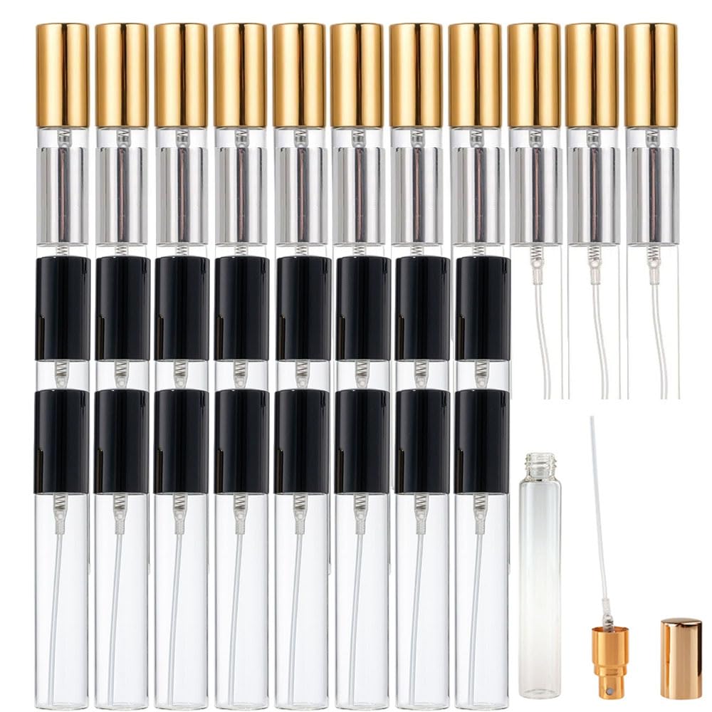 100 unidades de botella mini transparente spray de perfume, 5/10/15 ml, recipiente hermético para fragancia, atomizador portátil, rellenable, muestra de viaje (Tapón dorado,15ml,100)