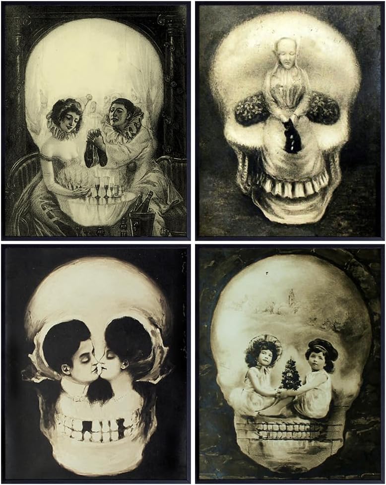 Vintage Gothic Skull Decor 11x14 - Creepy Optical Illusions - Pagan Decor - Spooky Gothic Living Room Decorations - Vintage Victorian Goth Wall Art - Scary Halloween Wall Print - Skeleton Posters Set