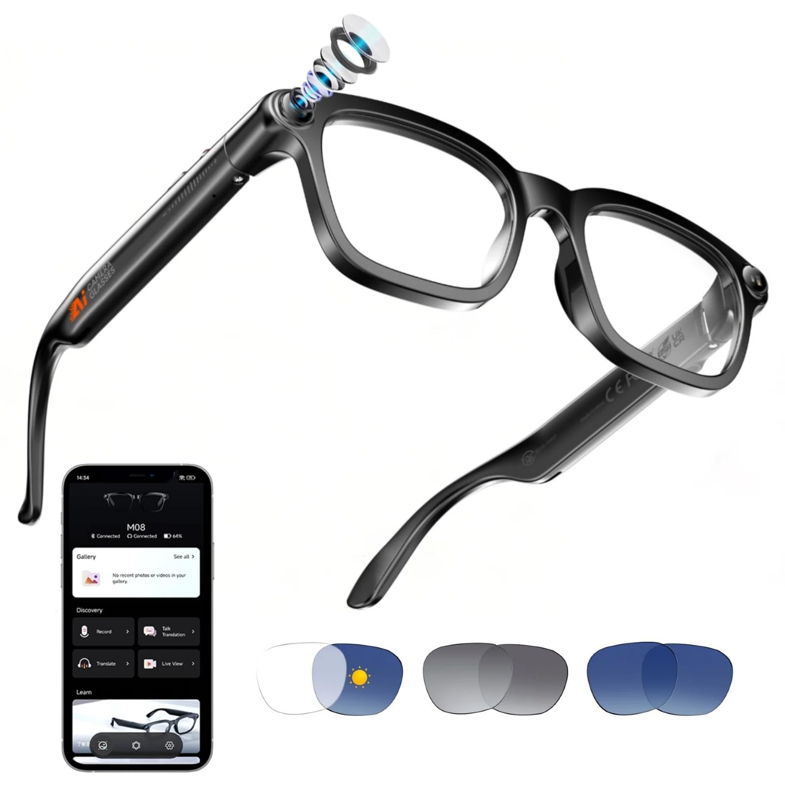GenXenon Lunettes Caméra, Caméra 8 MP für Enregistrement Vidéo, Foto und Reconnaissance d’Objets IA, Batterie 300 mAh, Lunettes Connectées pour Voyages, Vlog et Outdoor Aventure（Trois lentilles）