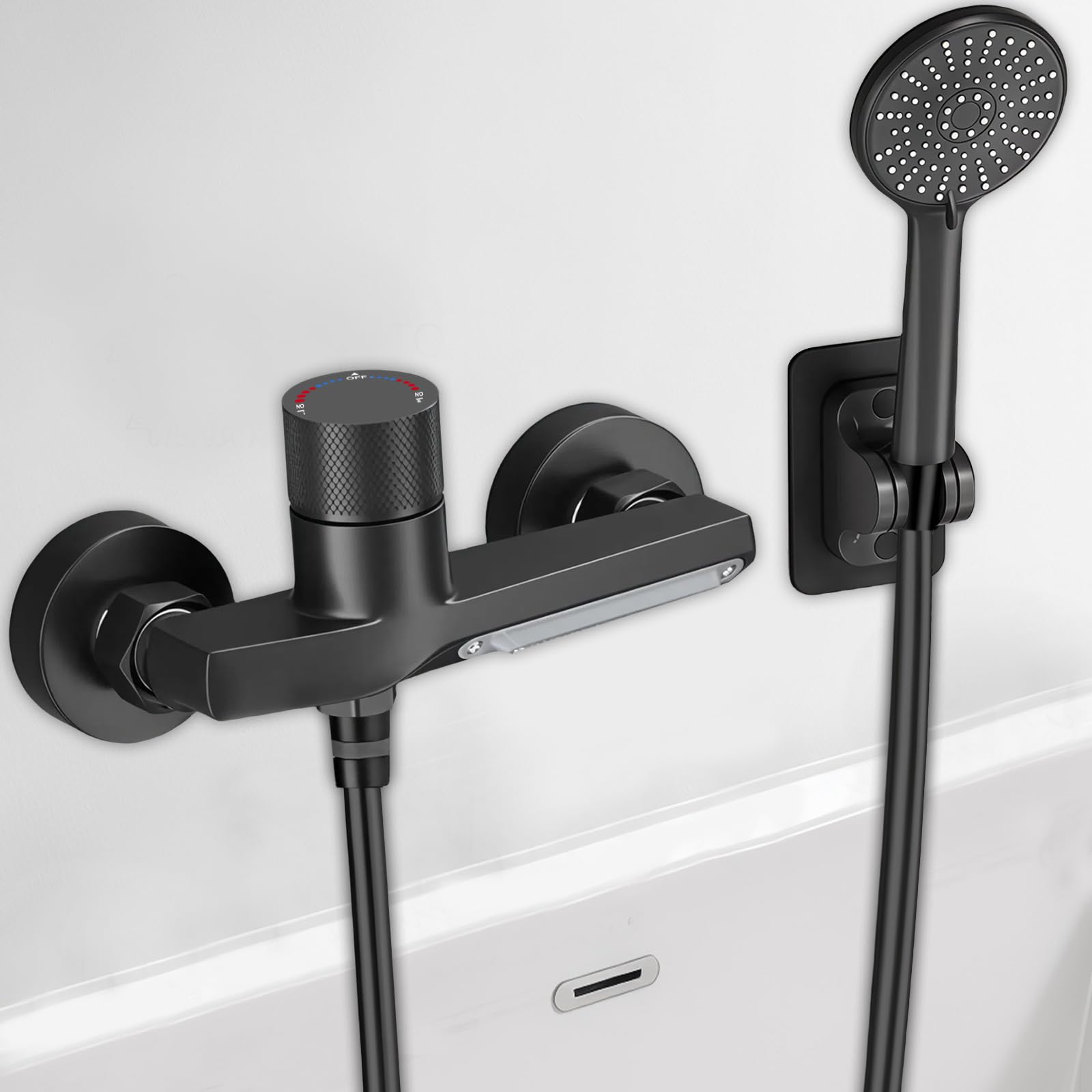 Grifo Bañera Negro en Cascada, Grifo Mural de Latón para Ducha y Baño, con Ducha de Mano de 3 Modos, Mezclador Monomando para Bañera Universal 1/2" Salida Inferior, con Soporte y Manguera de 1,5 m