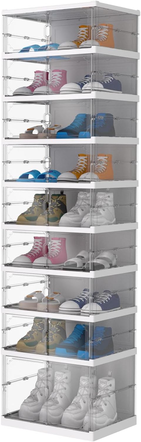 FAHKNS Foldable Shoe Rack 9 Tiers 18 Pairs Portable Plastic Shoes Rack with Magnetic Clear Door, Collapsible Shoes Storage Box for Entryway Living Room and Bedroom, White