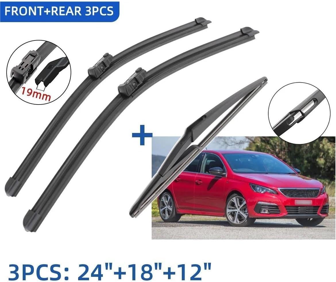 Juego de 3 Limpiaparabrisas para Peugeot 308 II SW (2014-2021) - Kit Delantero (24"+18") y Trasero (12") - Conexión de Botón Estrecho (16mm)