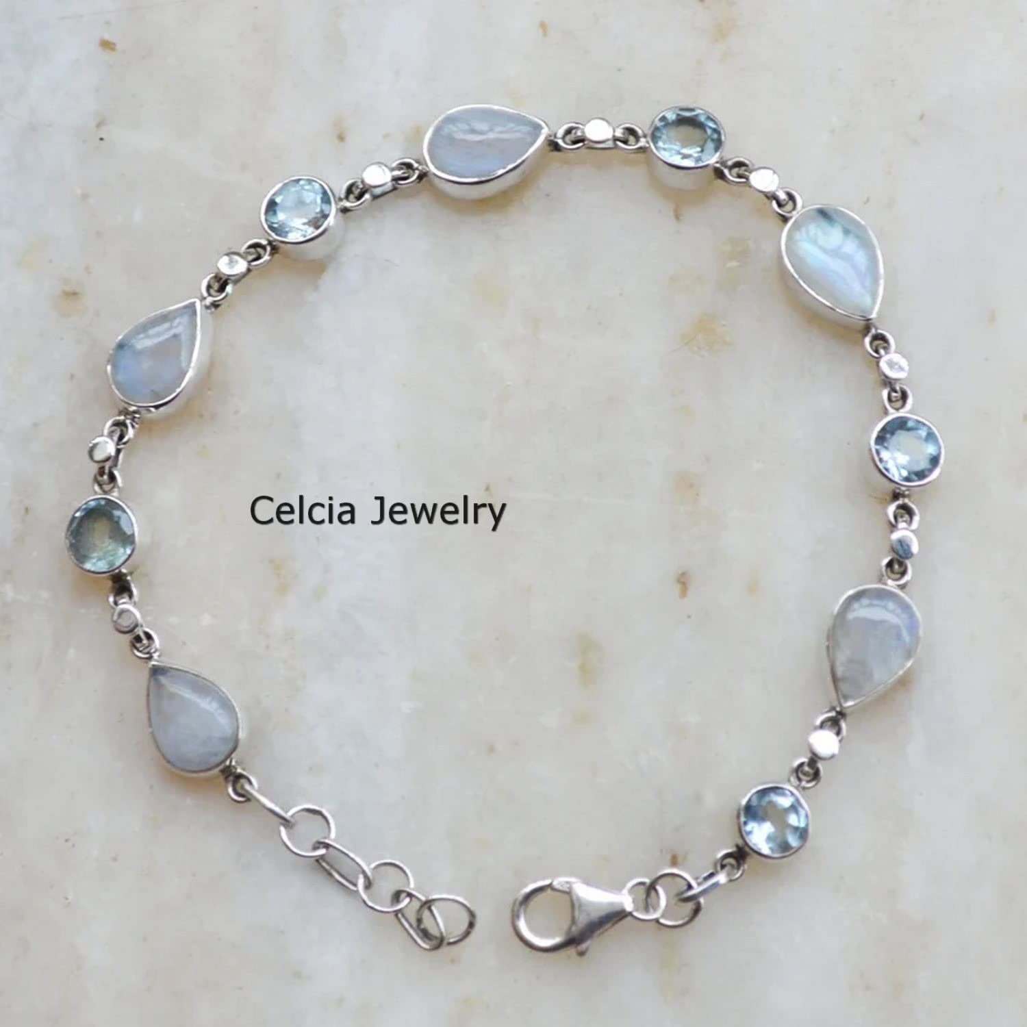 Bracciale in argento sterling 925 solido per uomo, donna, unisex, pietra di luna naturale, braccialetto con topazio blu pietra preziosa Bracciale artigianale unico per lei o per lui