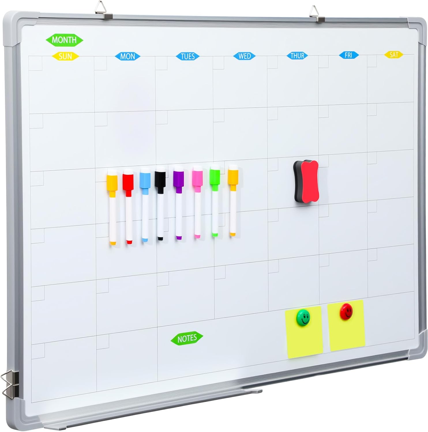 Lincia Monthly Magnetic Dry Erase Calendar Whiteboard for Wall 36 x 24 Double-Sided Bulletin Board 4 Magnetic Clasps 8 Pens 1 Eraser 2 Red Screws Hanging Aluminum Frame with Tray for School Office