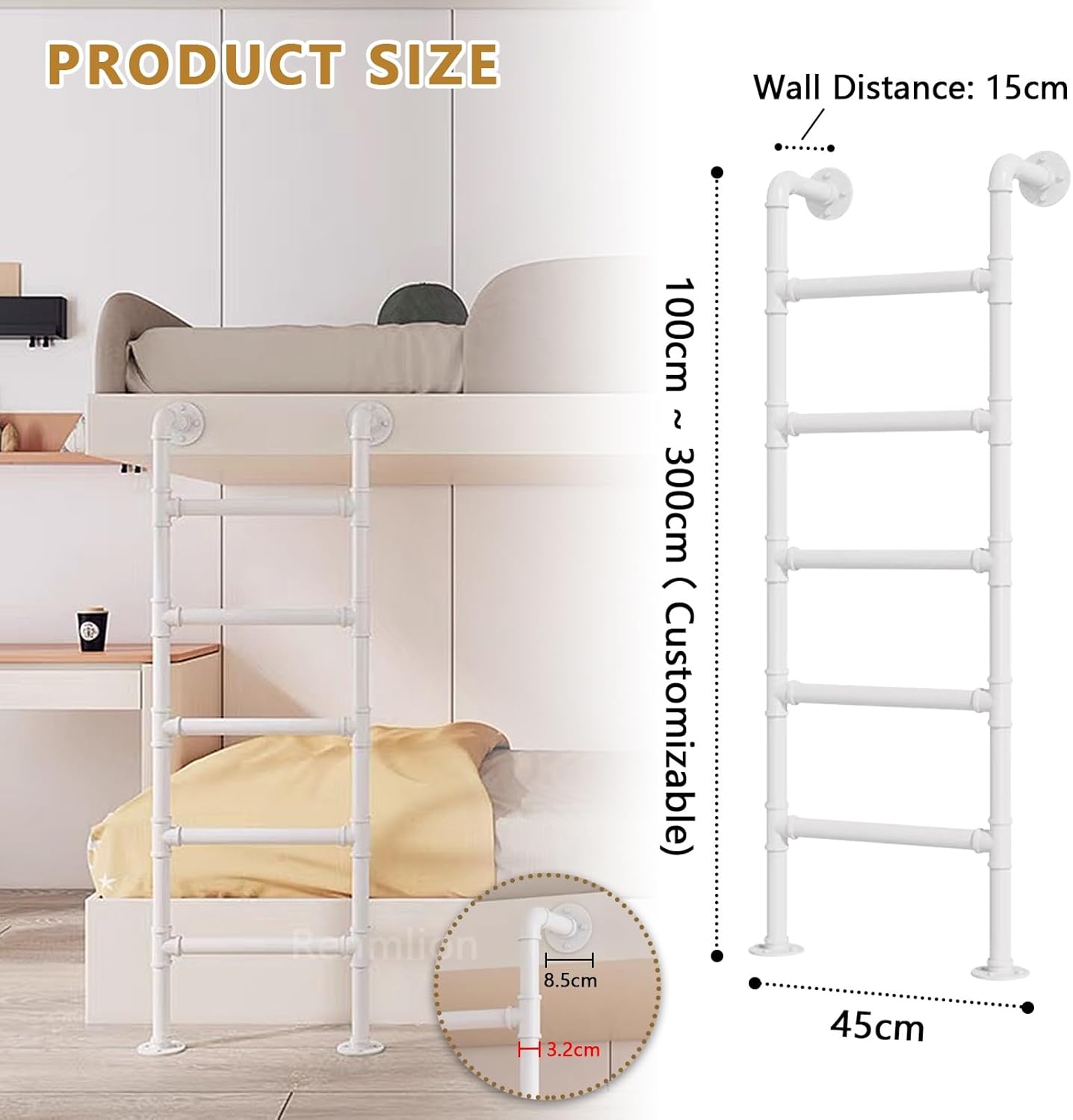 White Metal Wall Ladder Forged Iron Loft Ladder for Bunk Beds Multifunctional Climbing Ladder for High Walls Outdoor Warehouse & Basement Use (145cm)