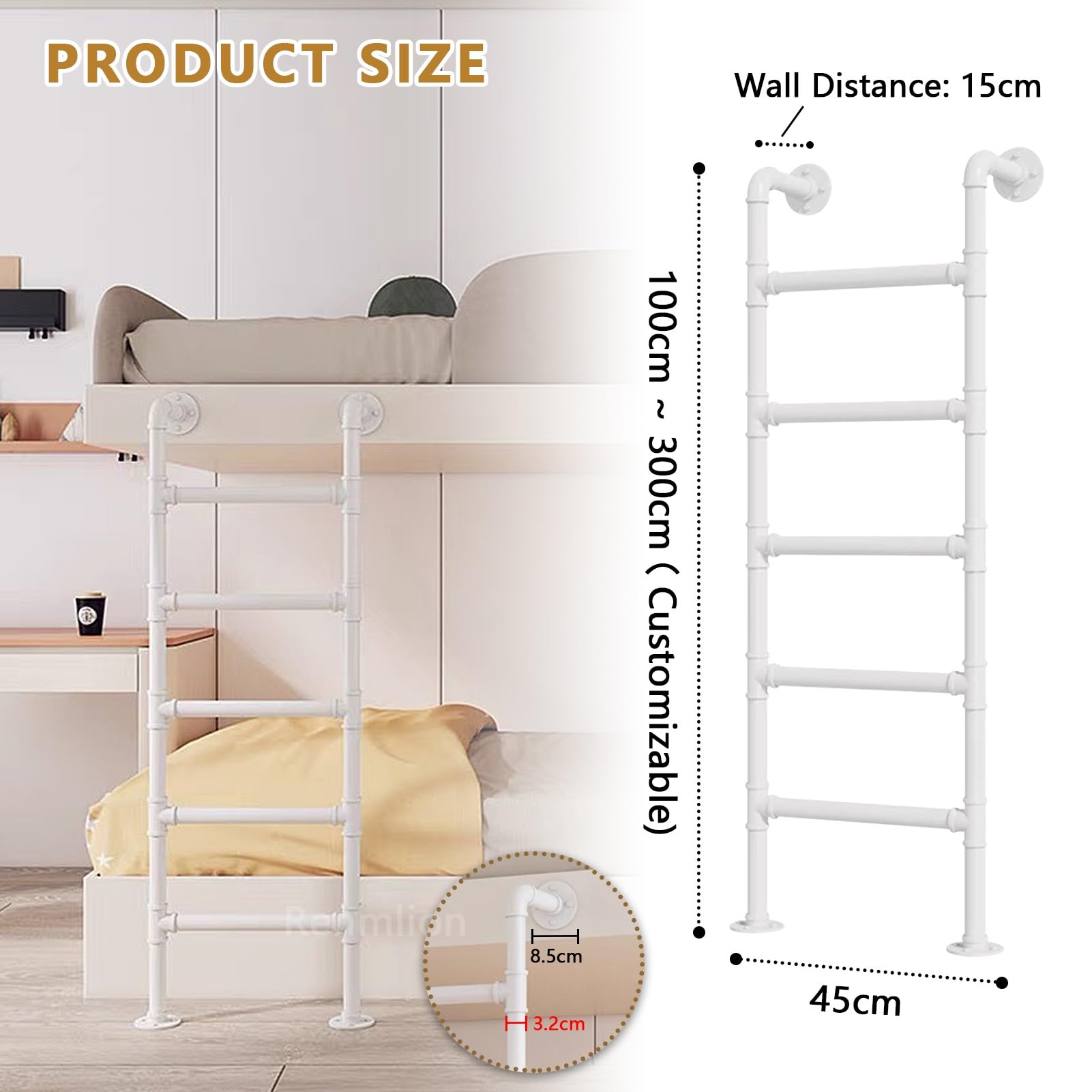 Escalera de Emergencia Resistente para Hueco de Ventana, de Hierro Forjado Blanco, para ático, litera, Montaje en Pared, para emergencias, contra Incendios, soporta 150 kg (330 LB) (1 m/3,3