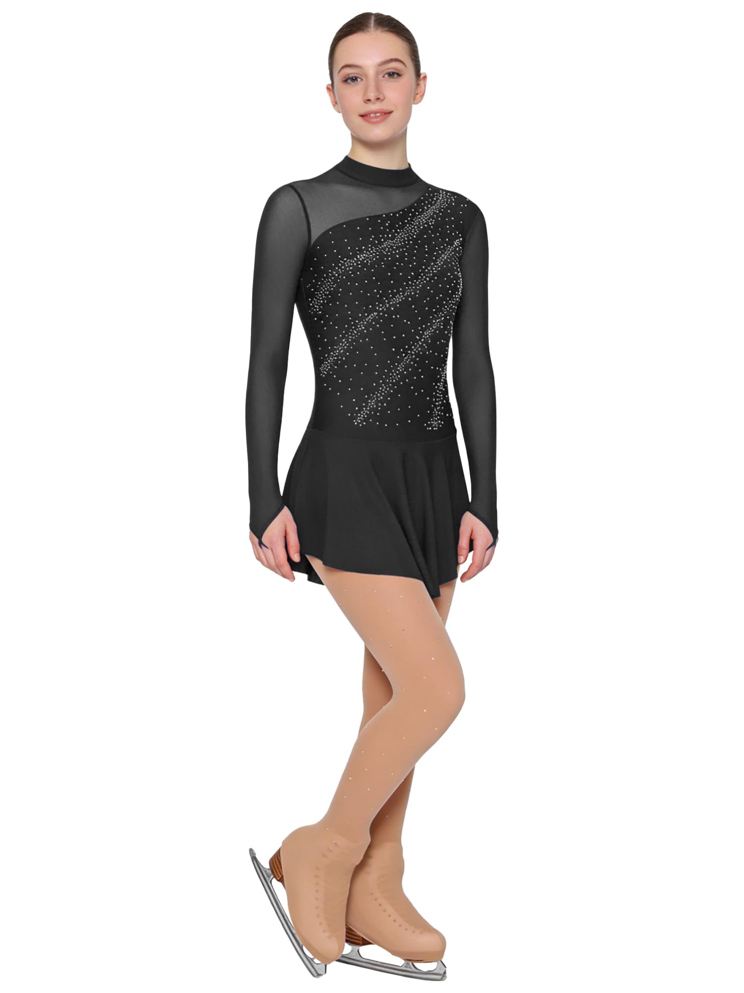 Alvivi Traje de Patinaje Artistico sobre Hielo Mujer Vestido de Baile Contemporáneo Brillante de Manga Larga con Pantimedias Medias de Bota de Patinaje