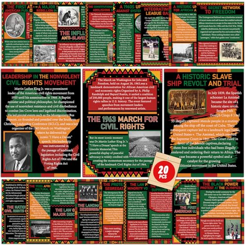 20PCS Black History Month Posters Inspirational Black History Bulletin Board Decorations Set with Famous African American Event Picture for Classroom School Home Wall Art Hallway Decor 11.8 X 8.7 Inch