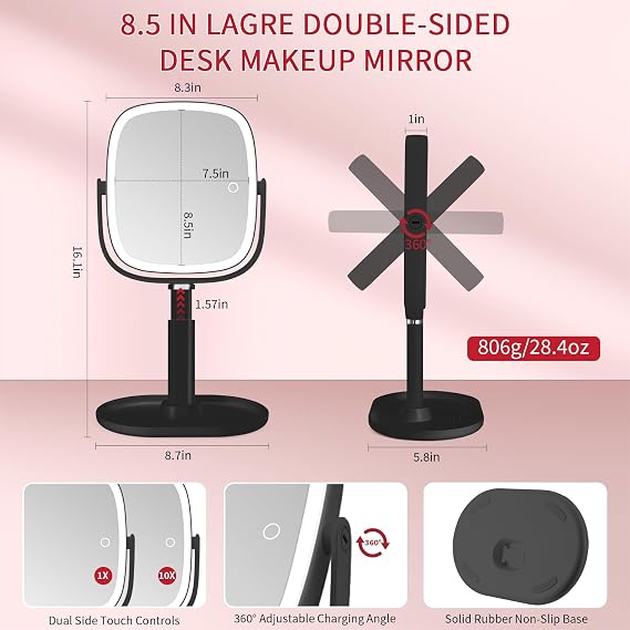 Vanmirr Height Adjustable Lighted Makeup Mirror with Magnification-Black