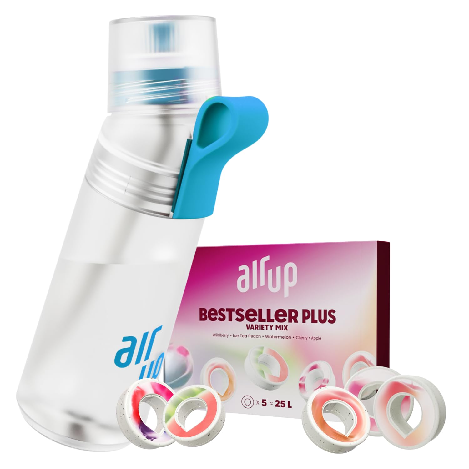 AIR UPยฎ water bottle Twist Pro original starter set with pods in 5 flavours I 600ml drinking bottle with sugar-free flavouring I dishwasher-safe, BPA-free I in Blue Splash