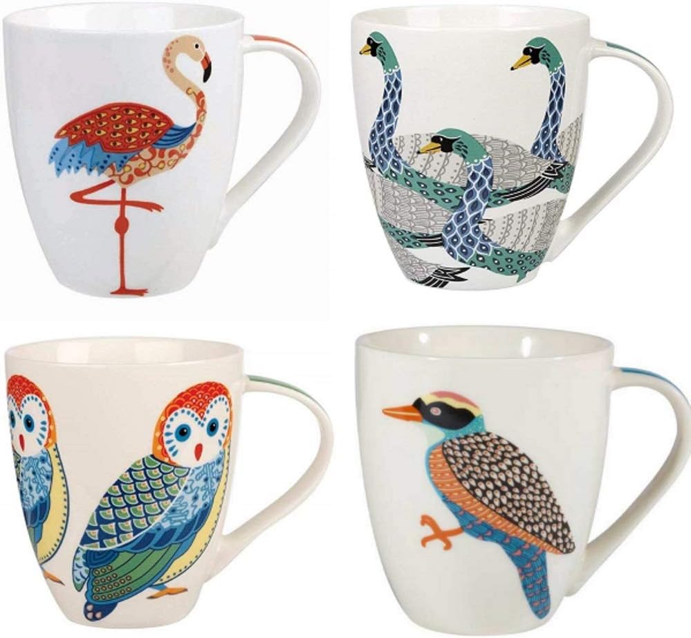 Churchill China Queens Paradise Birds Colourful Owl Woodpecker Flamingo Swans Mug Cup Set of 4 500ml 16.9 fl oz