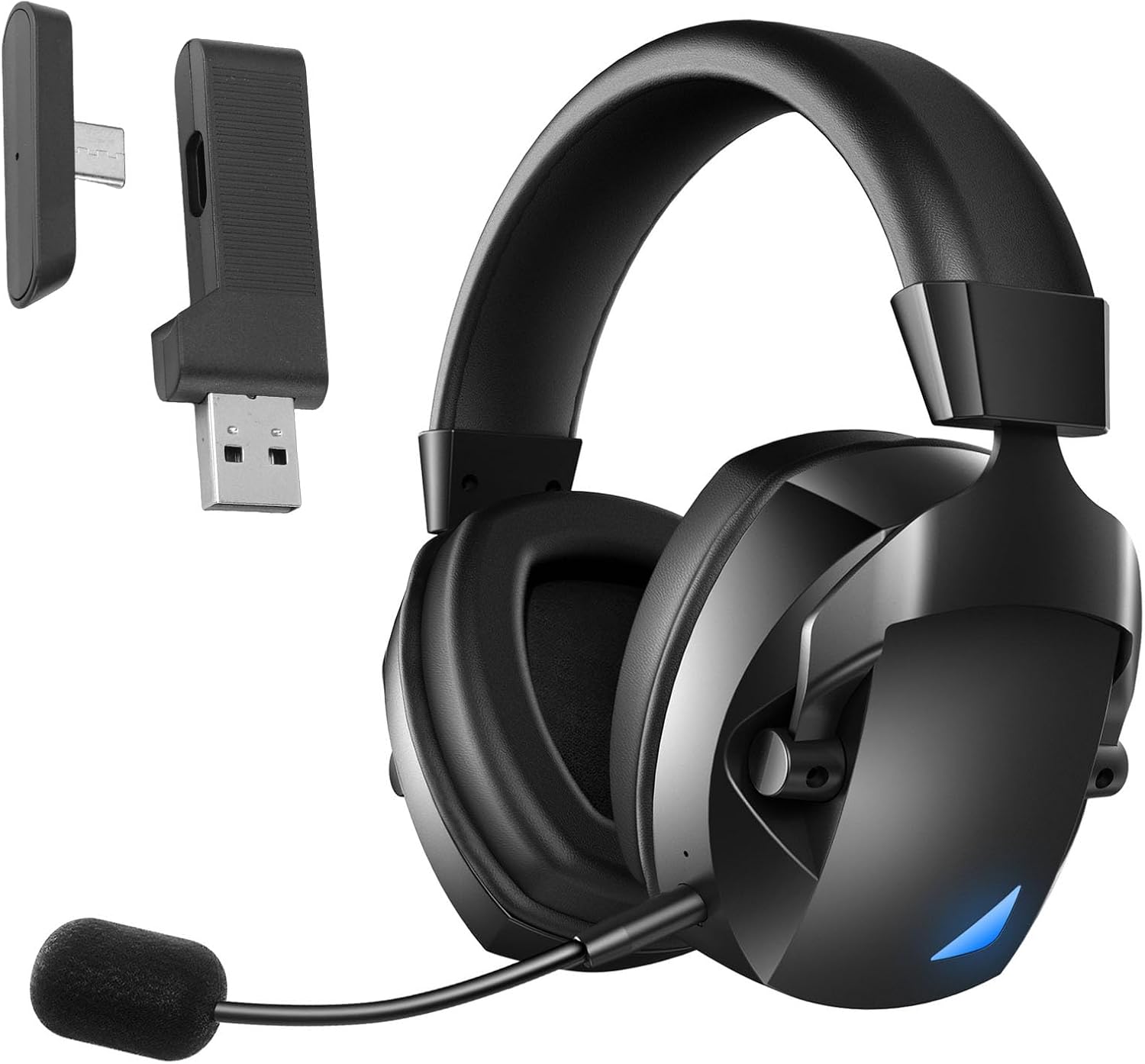 Yunseity Wireless Gaming Headset, 2.4GHz 5.4 Headphones with Noise Canceling RGB Light 7.1 Surround Sound, for PC Game Console Laptop Tablet Mobile Phone (Black)