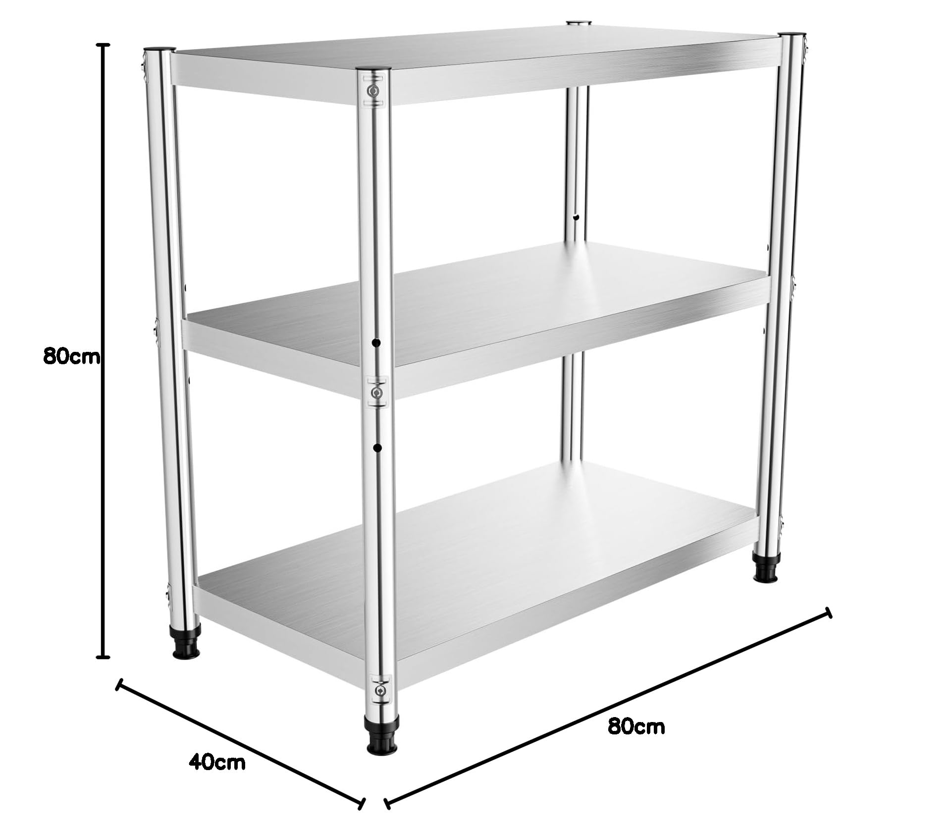 Mesa de cocina de acero inoxidable, mesa de trabajo de 3 estantes, mesa de acero inoxidable, capacidad de 30 kg, estable para ahorrar espacio, 80 x 80 x 40 cm