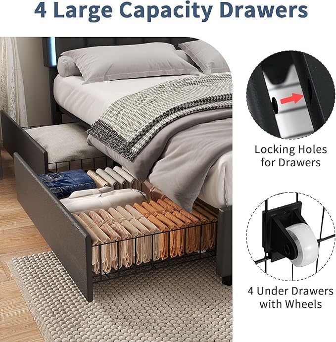 Close-up image of the four large capacity drawers under the bed, showing items stored inside, and details of the locking holes and wheels