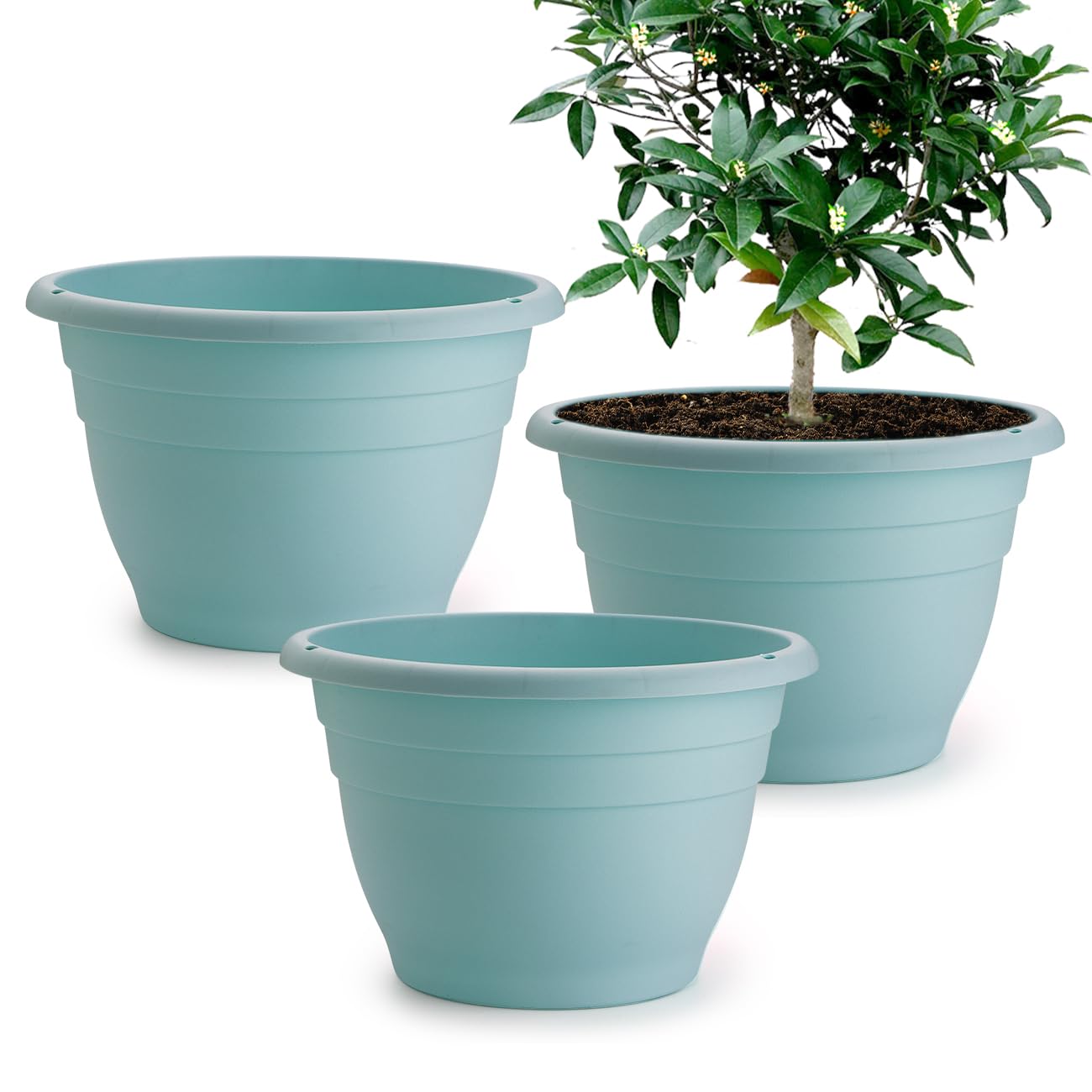 RooTrimmer 3 Pack 11 Inch Plant Pots with Drainage Hole and Plug, Durable Plastic Flower Pots for Indoor &amp; Outdoor Plants, Elegant Mordern Plant Pots Perfect for Herbs, Flowers &amp; Succulents, Blue