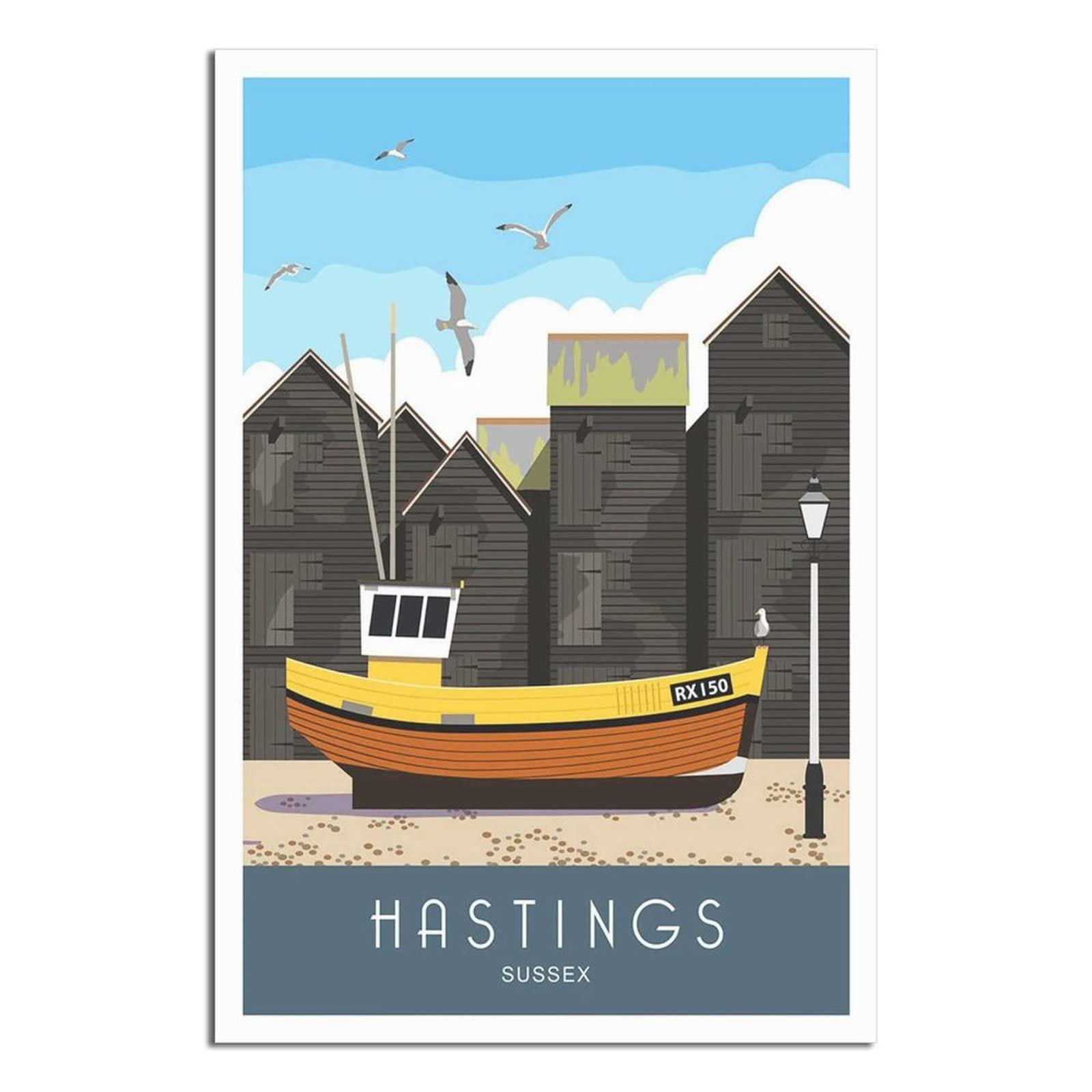 UEJD Vintage Hastings Sussex Fishing Huts Travel Poster Decorative Posters Modern Bedroom Canvas Art Poster Picture Painting Posters Wall Decor Art Gift