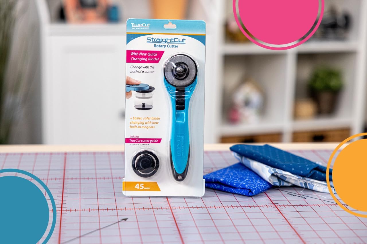 TrueCut Straight Rotary Cutter - 45mm Ergonomic Wheel Cutter for Fabric & Crafting - Left or Right-Handed - Track-and-Guide Ruler - Quilting and Sewing Supplies