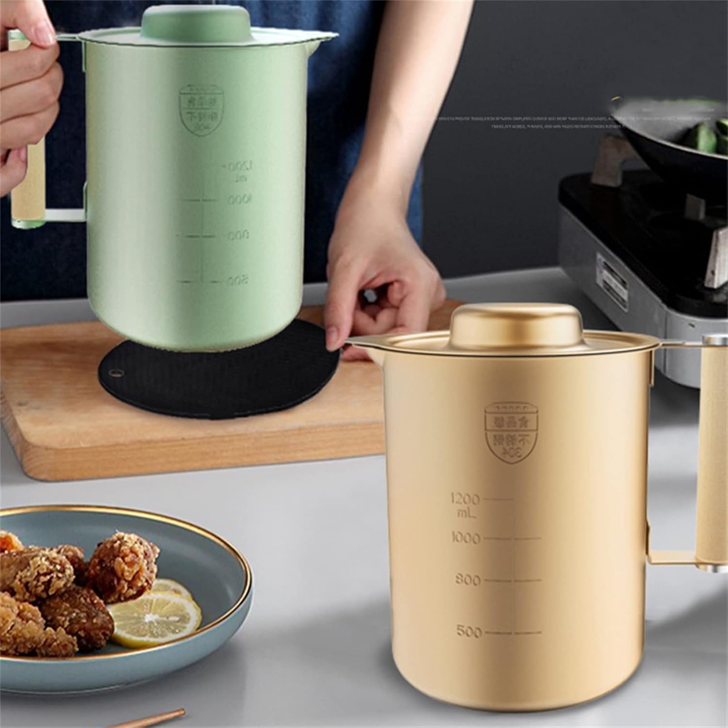 Oil Filter Pot, Stainless Steel Fine Filter Comfortable Handle Clear Scale Anti-corrosion High Capacity Olive Oil 1.8l 2l(Metallic,1.8 L)