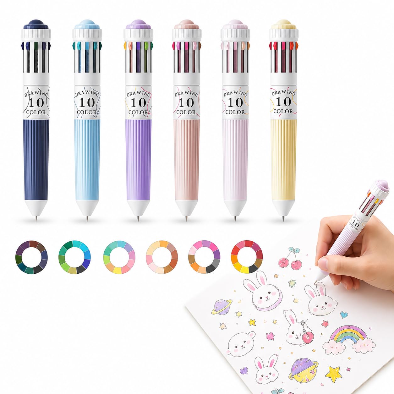 Innovess 6 Pcs 10-in-1 Multi Colour Pens, 0.8mm Retractable Ballpoint Tips, Switchable Colored Pens, Coloured Pens for Writing, Drawing, School, Office & Art Supplies