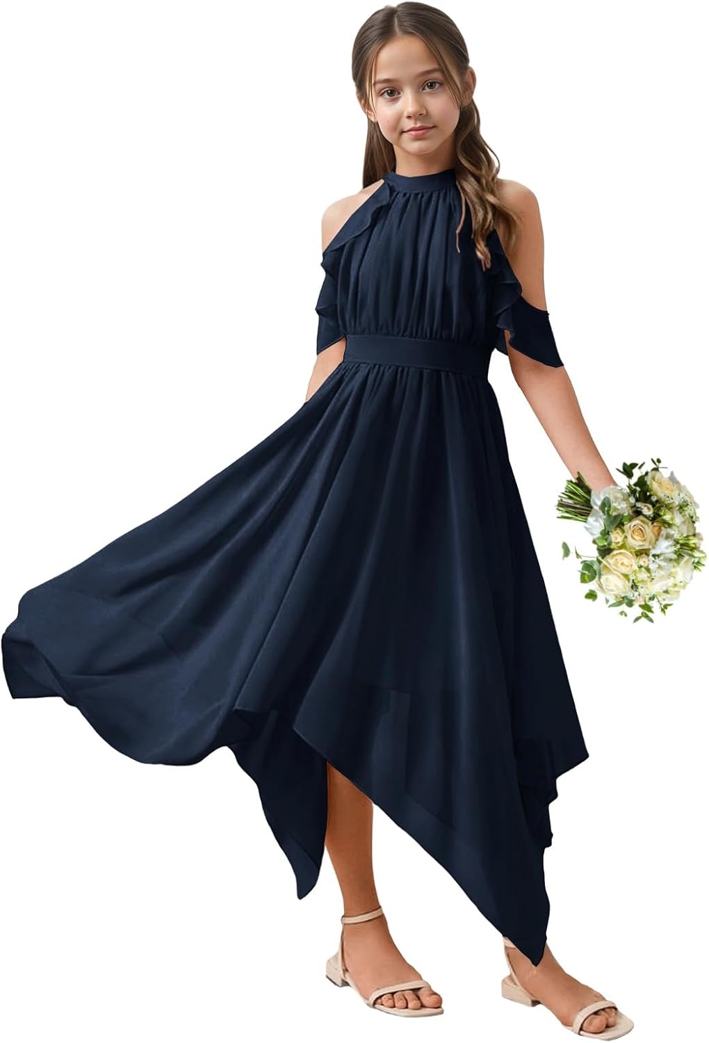 Chiffon Junior Bridesmaid Dress Birthday Ruffle Pleated Long Prom Gown Wedding Asymmetrical Hem Flower Girl Dress