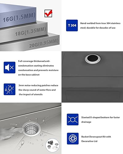 Miniatura 4 de Dcolora DC-T7742 - Fregadero de cocina de 30 pulgadas con caída en la parte superior, de acero inoxidable 304, calibre 16, con esquina redonda, 30 x