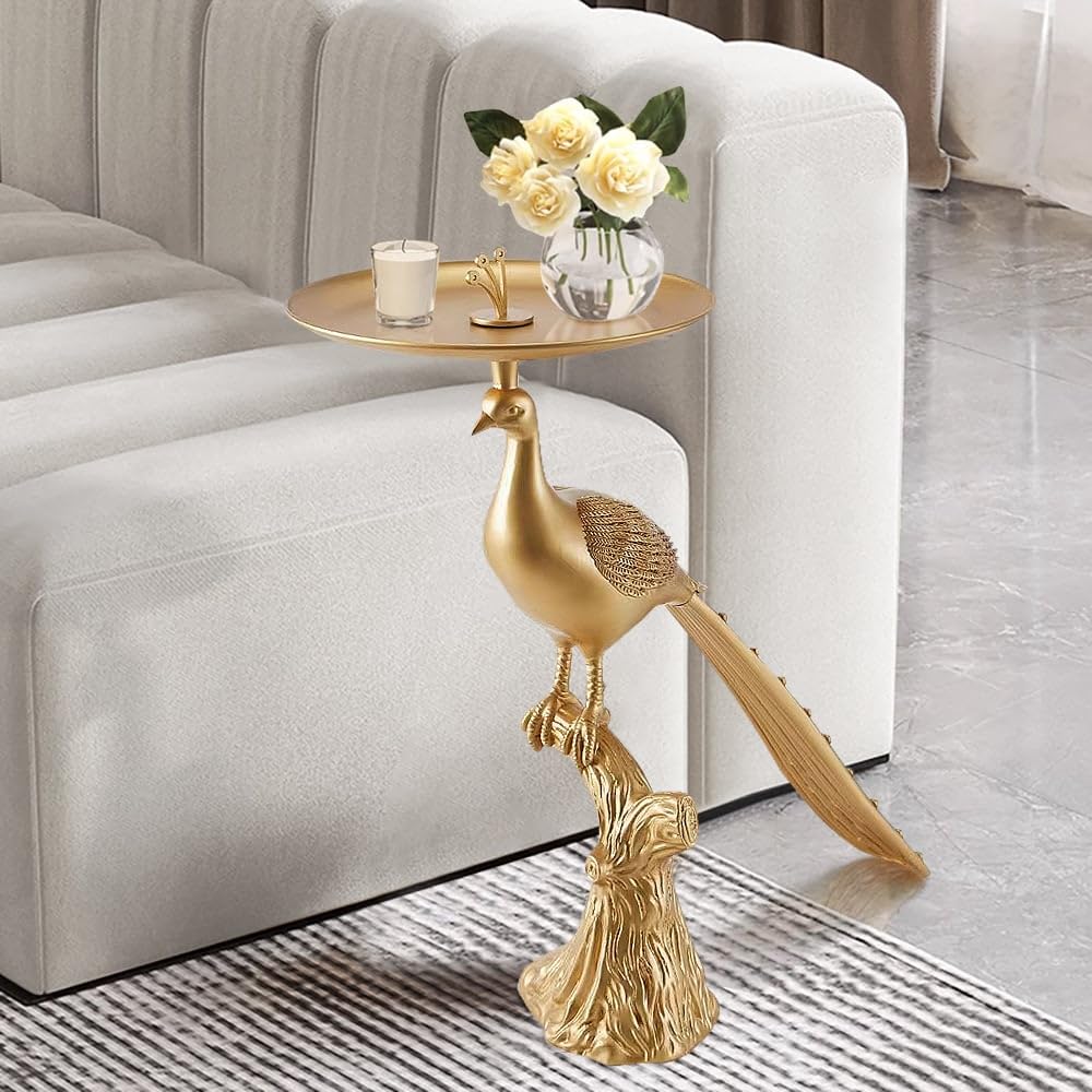 LOVEDIMA Peacock Figurine Art Deco Gold Statue with Tray Top for Small Space Living Room Bedroom
