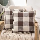 MIULEE Set of 2 Retro Farmhouse Buffalo Plaid Check Pillow Cases with Pom-poms Decorative Throw...