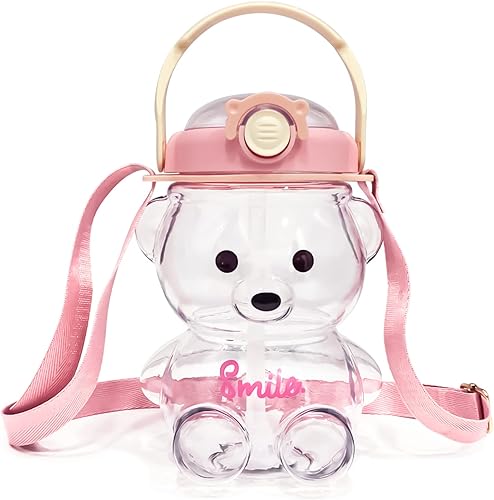 Botella de agua Kawaii Bear con popote y correa lindas botellas de agua para niños portátil a prueba de fugas sin BPA para niñas mujeres deportes