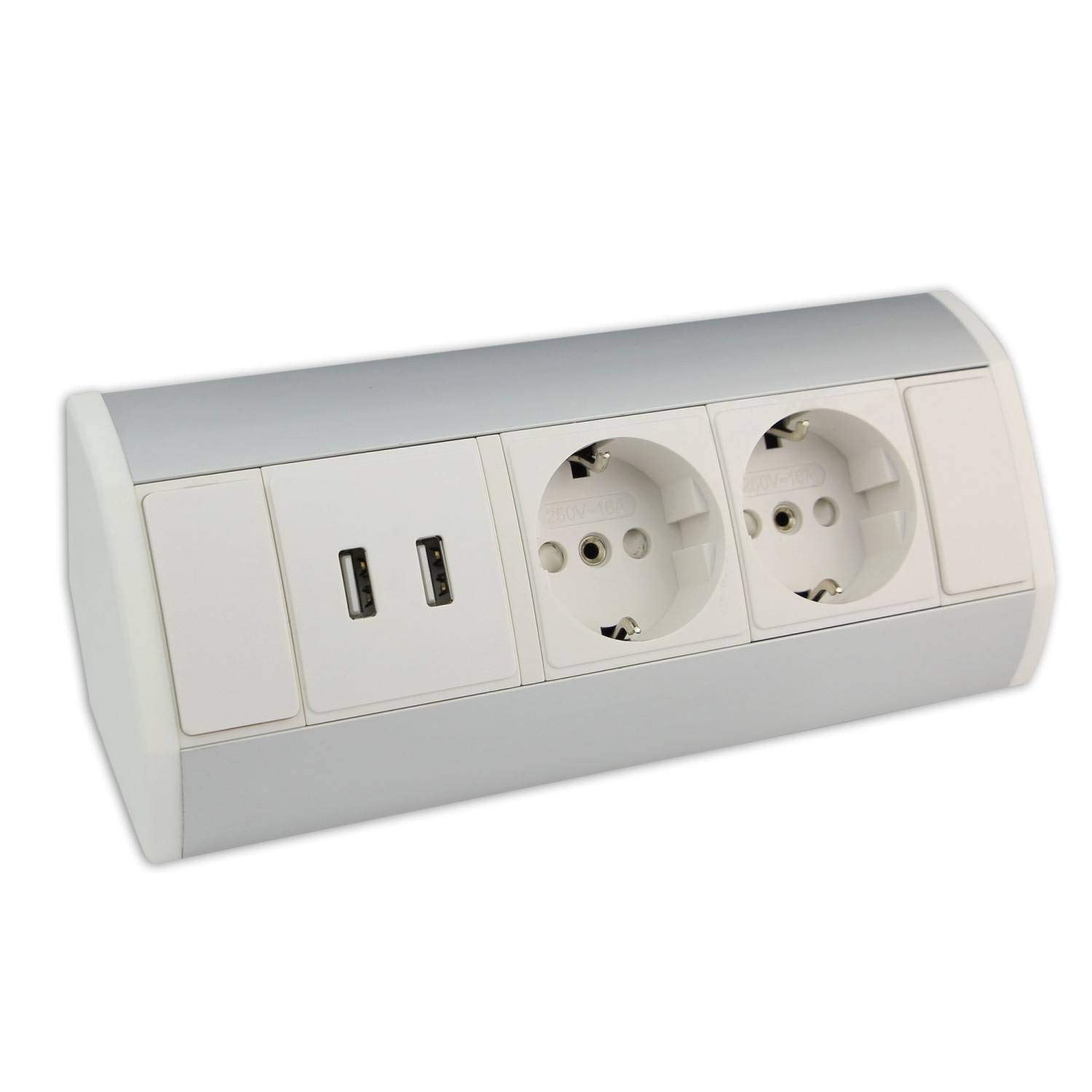 Möbel-Steckdose weiß mit 2x Schuko + 2x USB - hochwertige Ecksteckdose aus Aluminium ideal für Arbeitsplatte, Tischsteckdose oder Unterbausteckdose Steckdosenelement