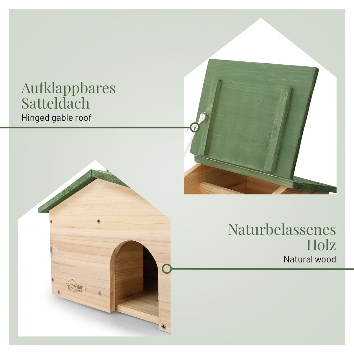 wildlife home Casetta per riccio invernale con fondo in legno, con tetto a due falde, resistente alle intemperie, per tutto l'anno, per il giardino, a prova di gatti, riccio
