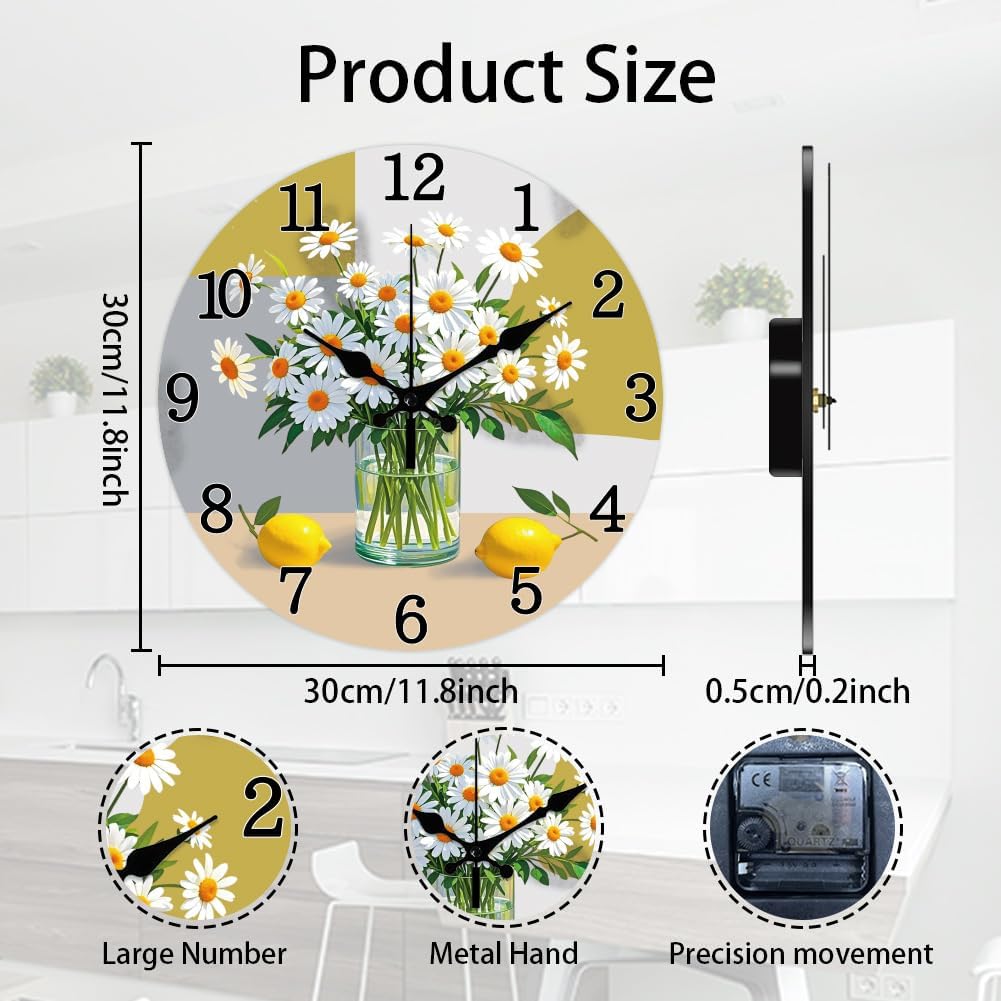 CHGCRAFT Daisy Wall Clock 12 Inch Lemon Clock Battery Operated Silent Non Ticking Round Decorative Clocks for Home Office Decoration