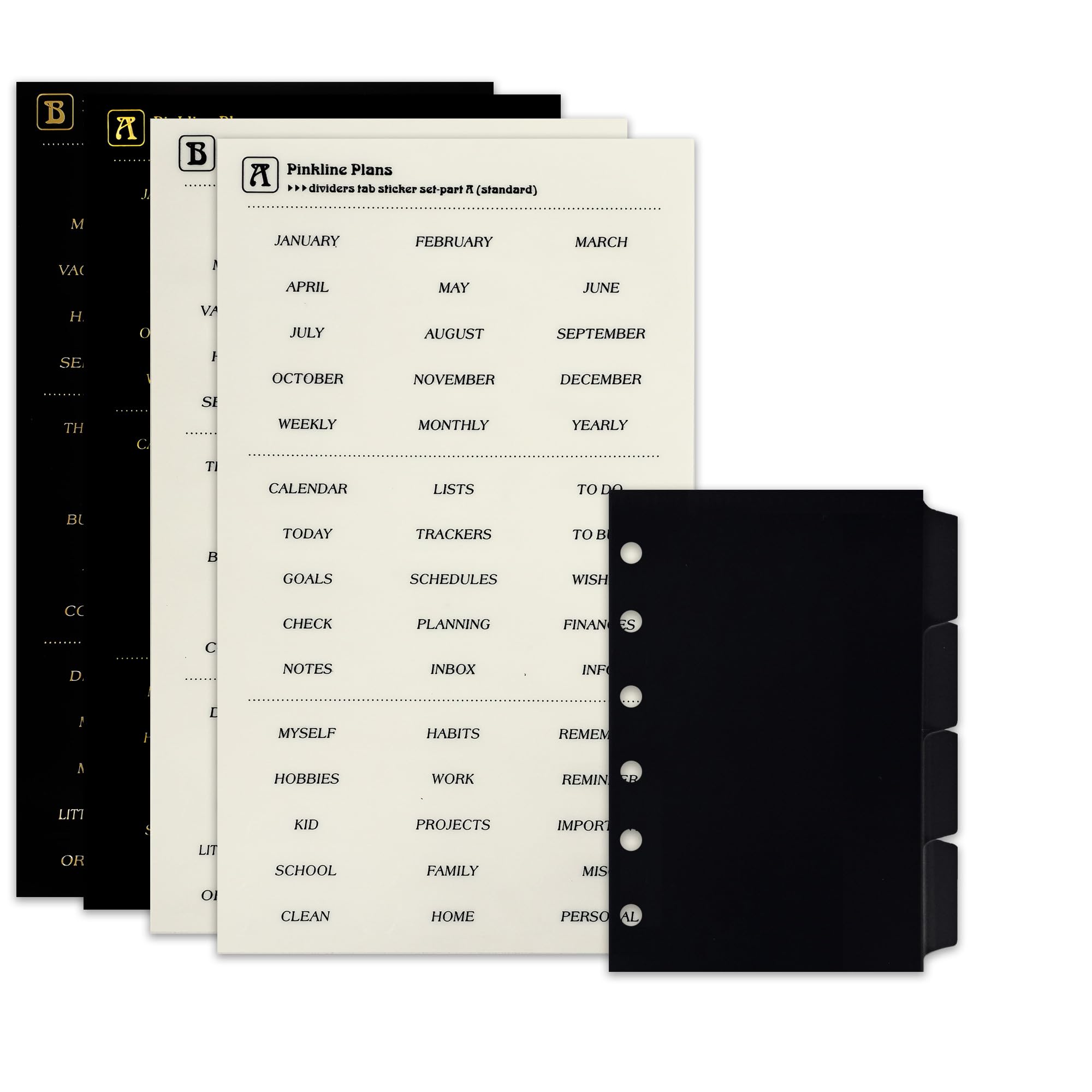 Zelten PP Binder Index Dividers with Folder & 4 Sheets Tab Stickers for Personal Organizer (PP Black 4-Folder Tab, A7/6 Hole)