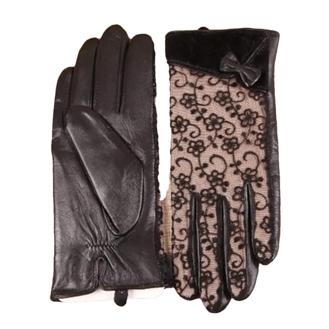 Guantes de cuero para mujer, con empalme de encaje, guantes de conducción con forro femenino, color negro, talla M, Negro 2, M