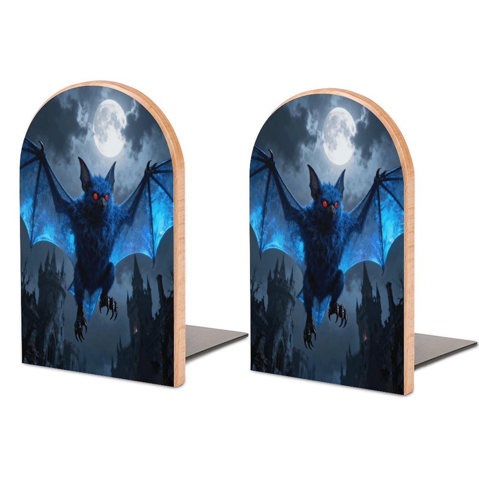 Sujetalibros de murciélago azul de Halloween de madera para estantes