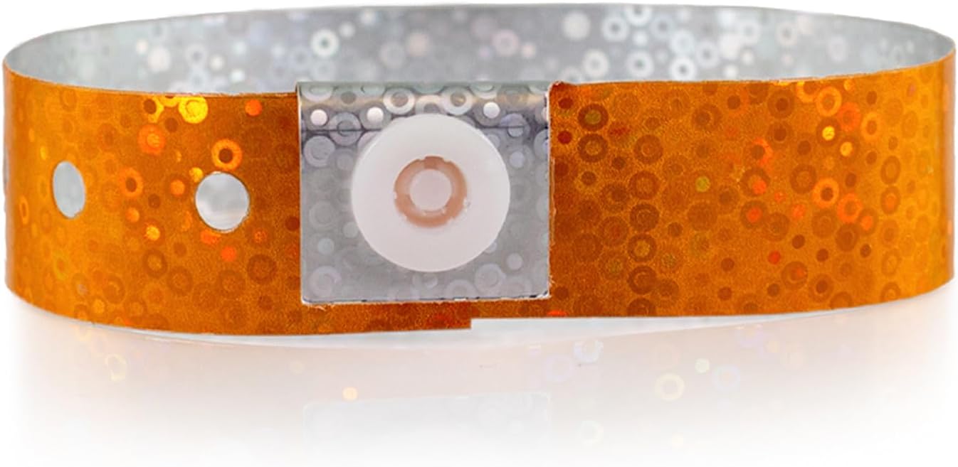 100 WristCo Orange Holographic Plastic Wristbands for Events – Extended Wear, Glowing Color Prevents Reuse – Premium-Grade Bracelets
