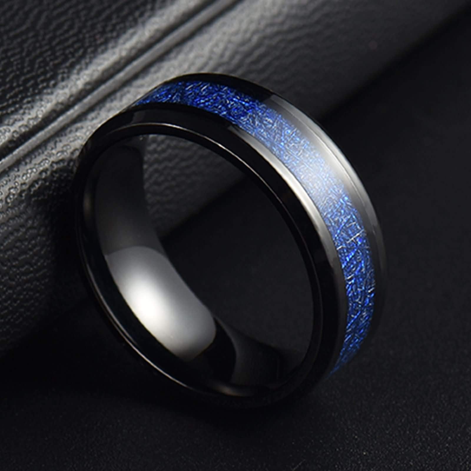 Anello Tungsteno Uomo Fede Nuziale Anello di Fidanzamento Intarsio di Meteorite Anello Uomo con Incisione 8MM Anello in Tungsteno Nero Blu Misura 12-31