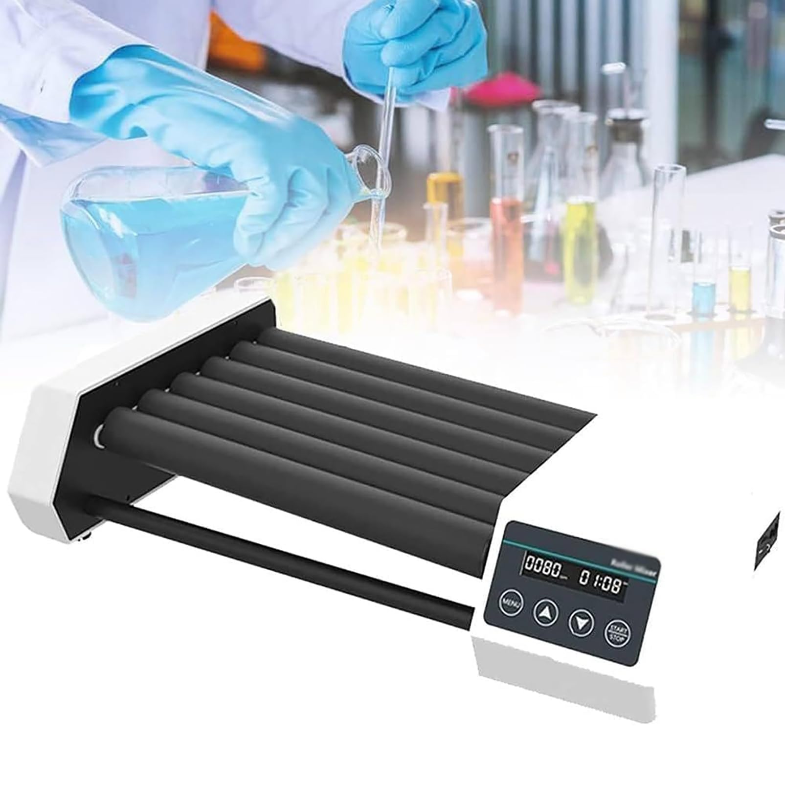 Laboratoryjny mikser rolkowy, orbitalny wytrząsacz obrotowy z ekranem LCD, regulowana prędkość 20-80 obr./min, funkcja pomiaru czasu, do rur o średnicy 6-34 mm, chemiczna aparatura farmaceutyczna