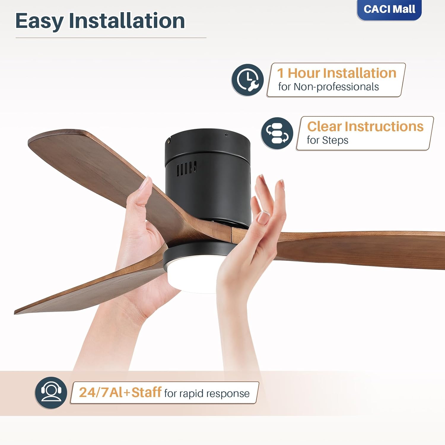 CACI Mall Smart 52 inch Wood Flush Mount Ceiling Fans with Lights and Remote, 3 Blades, Low Profile, Modern, Compatible with Alexa/Google/App, Outdoor Indoor Ceiling Fans for Bedroom/Farmhouse/Patio