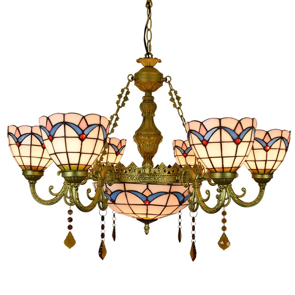 METTEOR Ceiling Pendant Light Fixture 32" Tiffany Style Magnolia Lamp Stained Glass Shades 6 Arm Chandelier With 12 Inches Inverted Ceiling Pendant