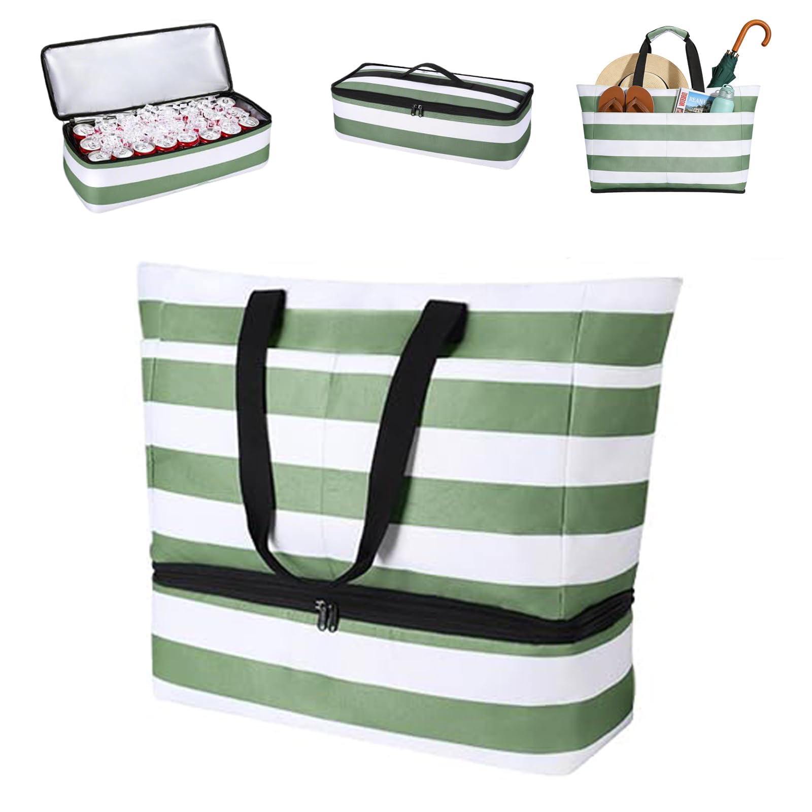 Sac de Plage XXL, 50 x 29 x49cm Sac Fourre Tout Sacs de Plage, Main Bandoulière Pliable Voyage, Multi Poches Pliable Cabas Plage, Grand Sacs de Plage Femme avec Démontable Sac Isotherme