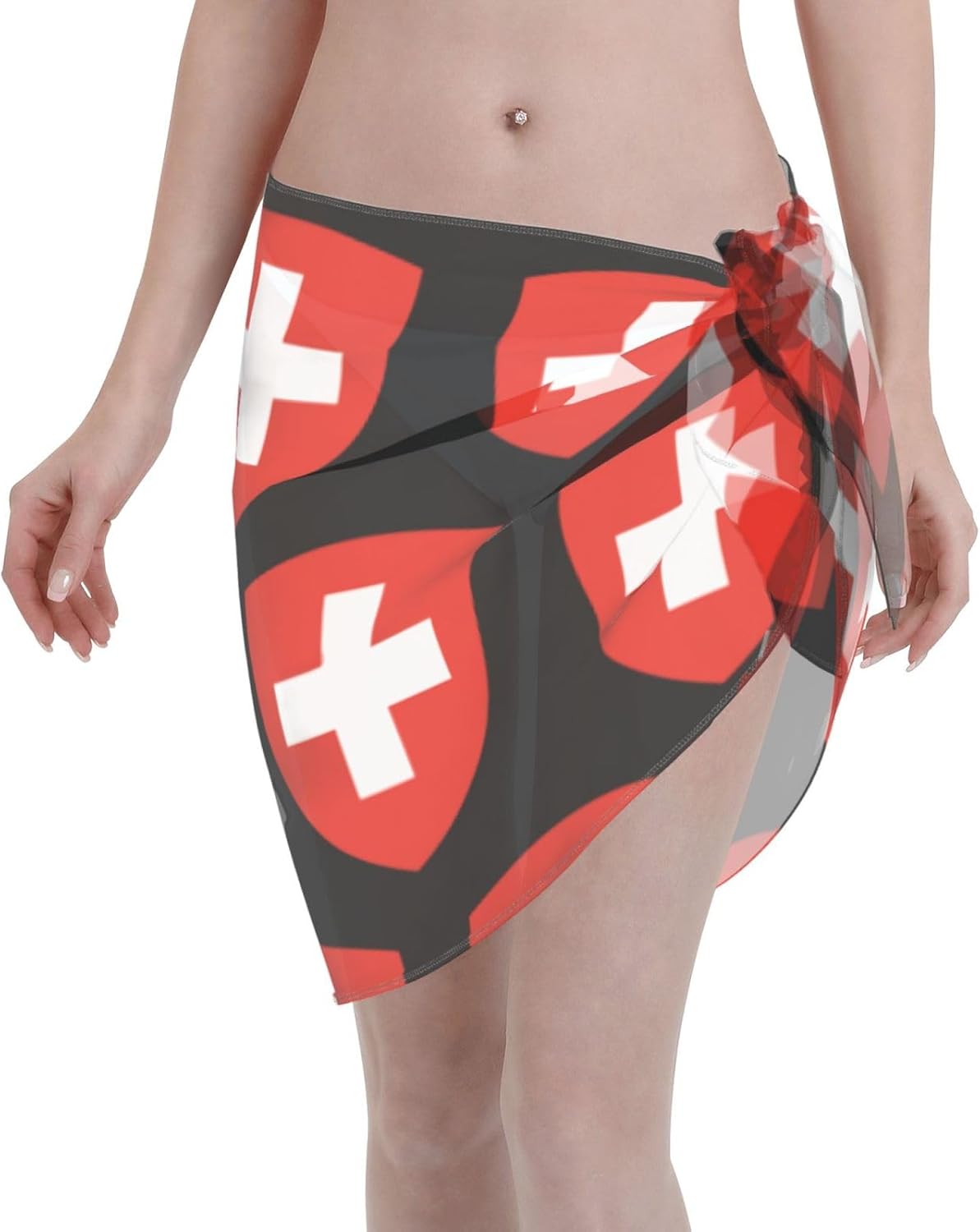 Women Short Sarongs Beach Wrap Switzerland Emblem for Swiss Swimsuit Short Skirt Chiffon Scarf Black, Black, One Size