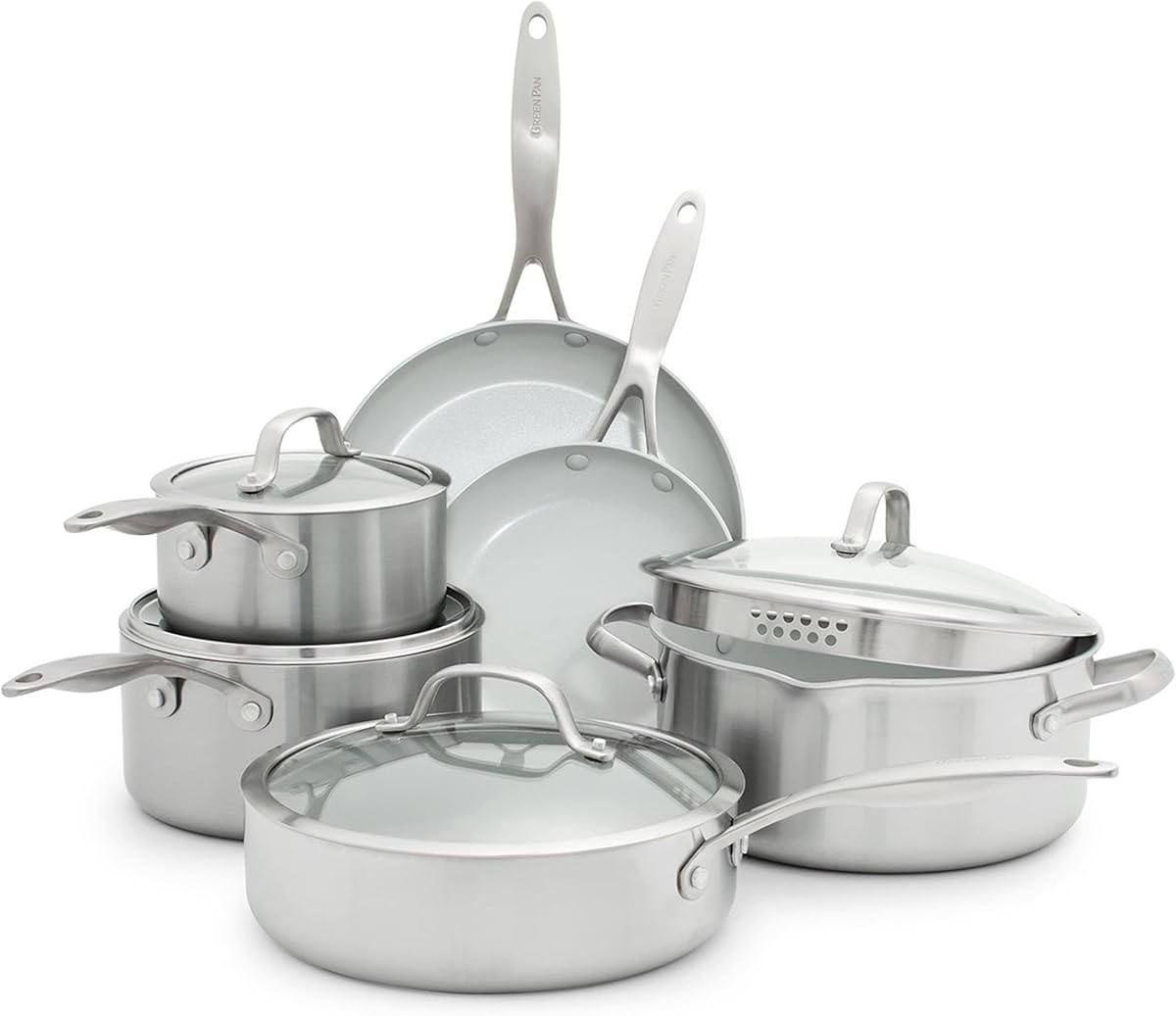 Venice Pro Juego de Batería de Cocina de 10 Piezas, Acero Inoxidable, No Tóxico, Sin PFAS, con Revestimiento Cerámico Antiadherente, Apto para Inducción, Tapas de Vidrio, Revestimiento Múltiple, Apto para Lavavajillas y Horno, Plata