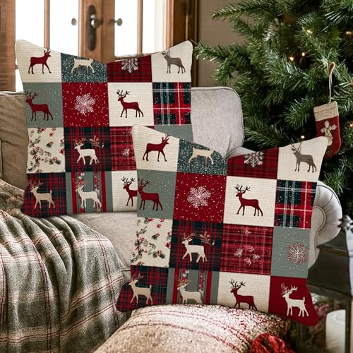 Housse de coussin Noël patchwork rennes rouge vert pour maison - 8