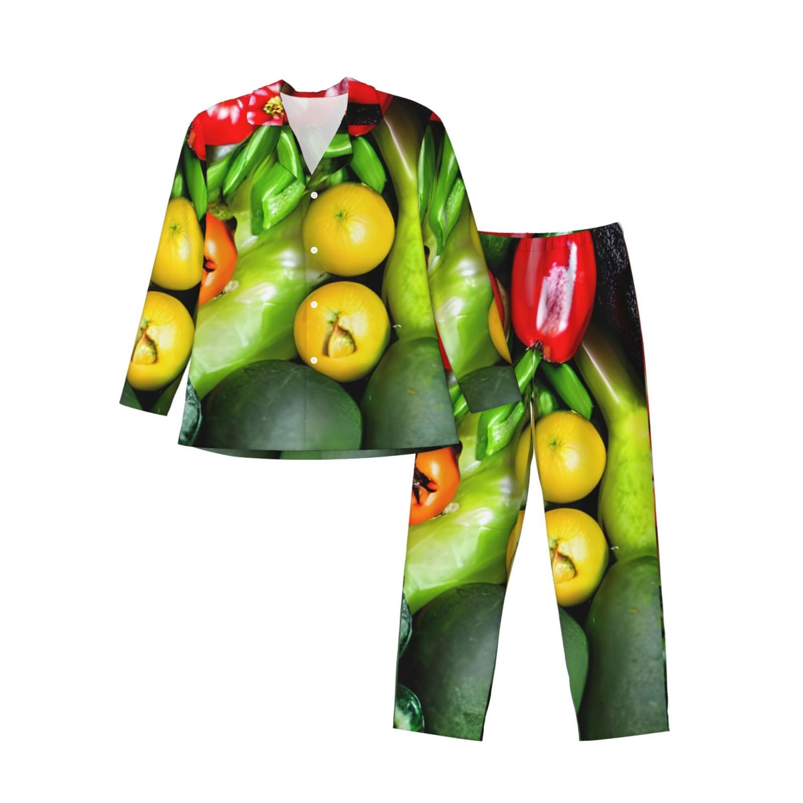 Conjunto de pijama de manga larga para hombre con estampado de frutas y verduras frescas, ropa de dormir transpirable y cómoda
