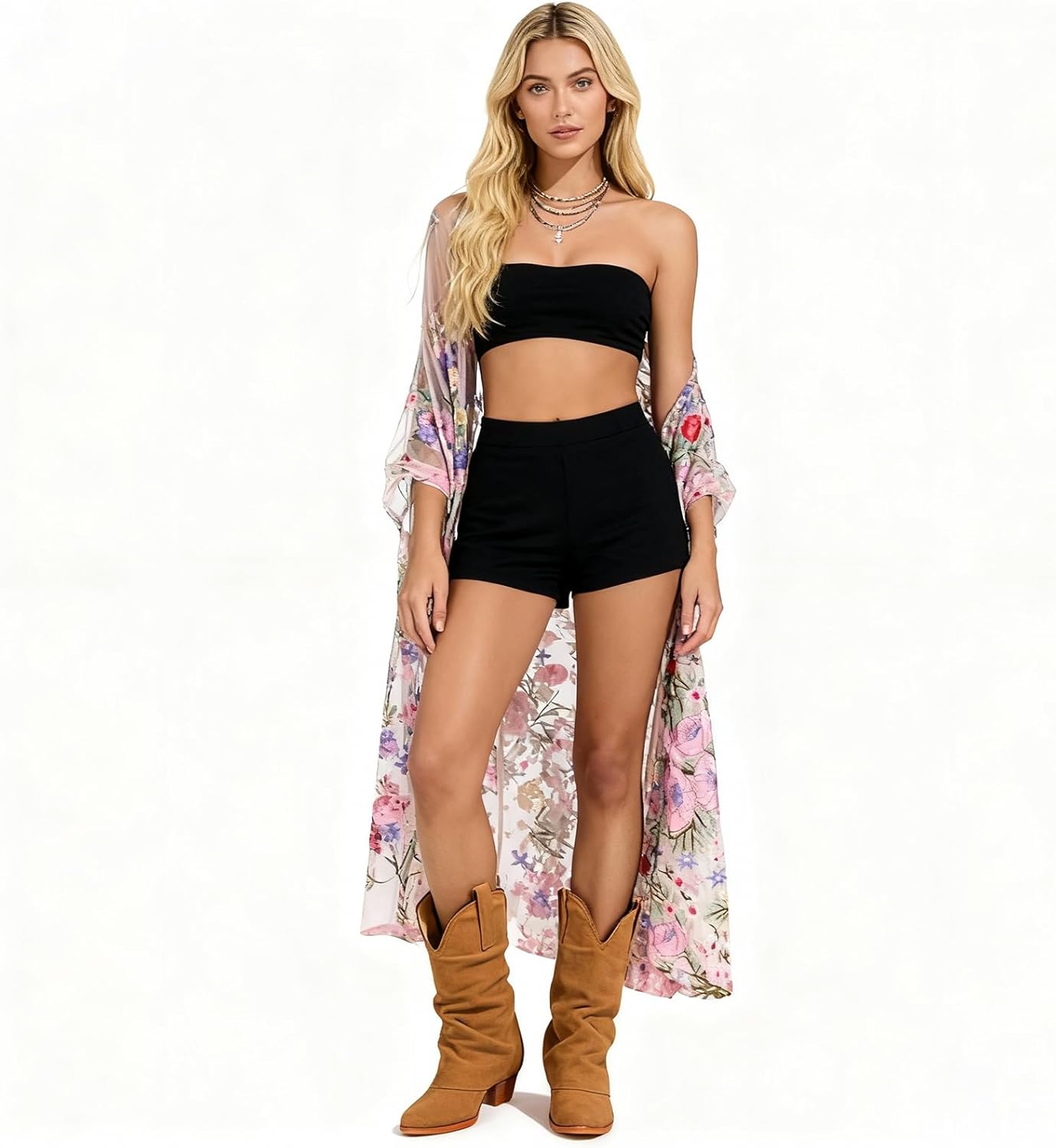 Alsoloveu Women's Fold Over Boots Mid Calf Slouchy Boots Pointed Toe Chunky Heel Western Cowboy Boot Pull On Stacked Cowgirl Booties