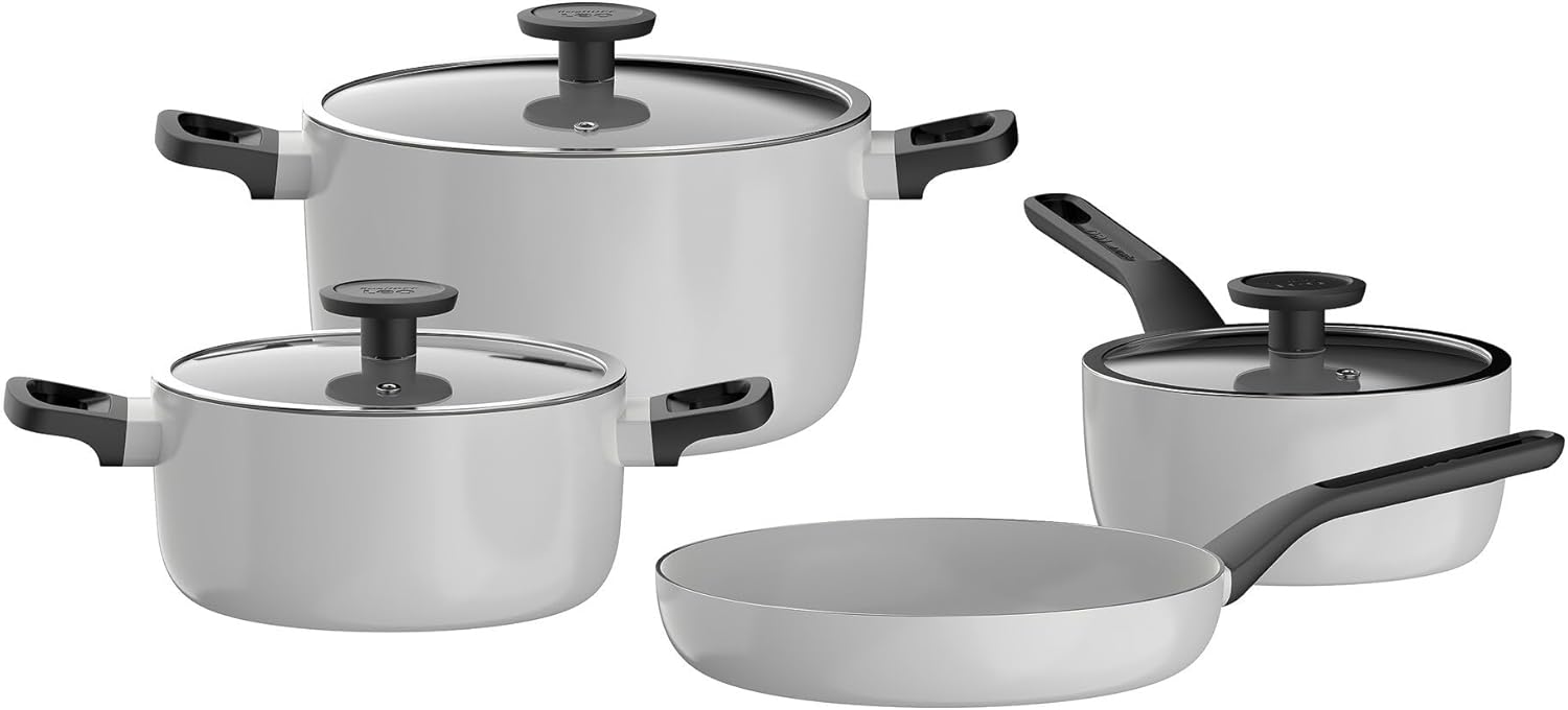 BergHOFF Leo Glints 7Pc Nonstick Ceramic Cookware Set With Glass Lids Recycled Aluminum CeraGreen Non-toxic Coating Stay-cool Handle, Spirit