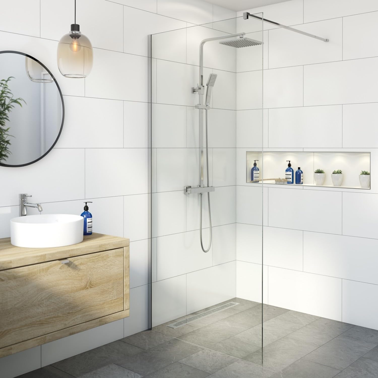 BAYSTONE® 800mm Wet Room Shower Screen Panel 8mm Toughened Safety Easy Clean Glass Walk in Shower Enclosure, Frameless, Chrome
