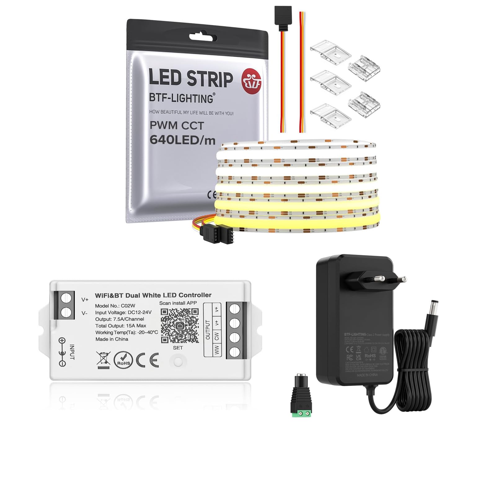 BTF-LIGHTING 24V COB CCT LED-Streifen 5M 640LEDs/m WiFi C02W Controller 24V3A Netzteil FCOB Dimmbares Lichtband 3000K-6000K, mit Alexa & Google Home, CRI>90 für Innendekoration