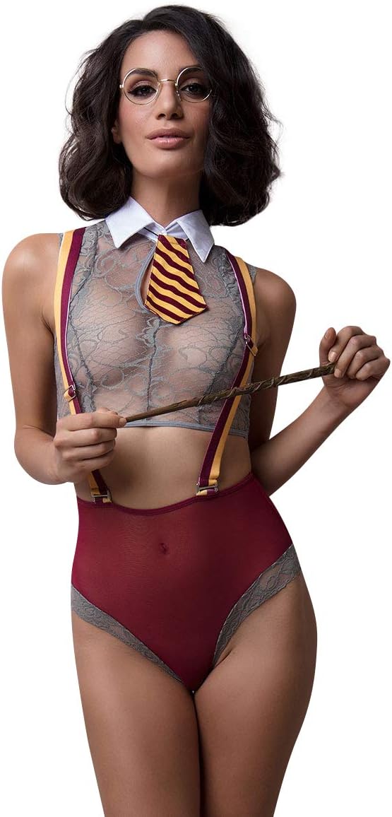 Yandy Burgundy Magical Schoolgirl Fantasy Sheer Bodysuit Women Lingerie Cosplay Costume